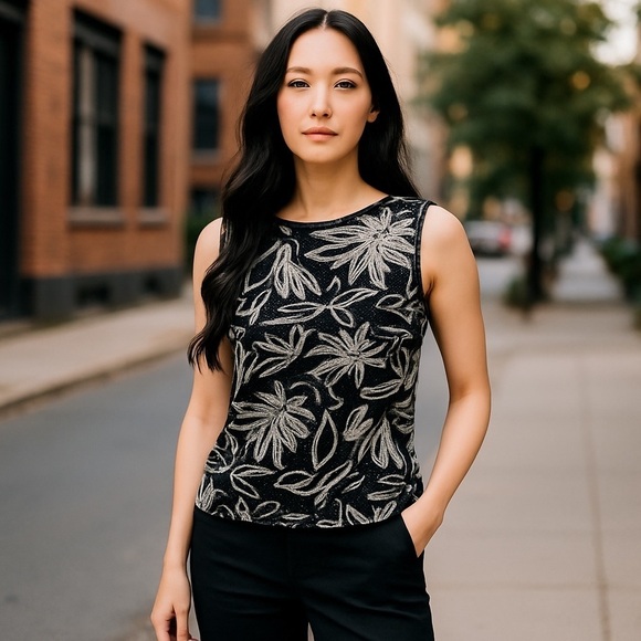 George Tops - Women’s Small Black Shimmery Sequence Whimsy Goth Stretch Casual Sleeveless Top